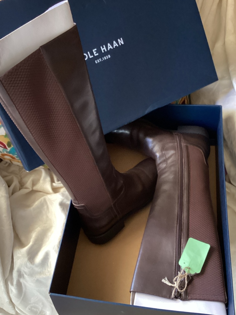 Cole Haan Brown Leather Tall Riding Boots with Textured Panels gorgeous.  Never